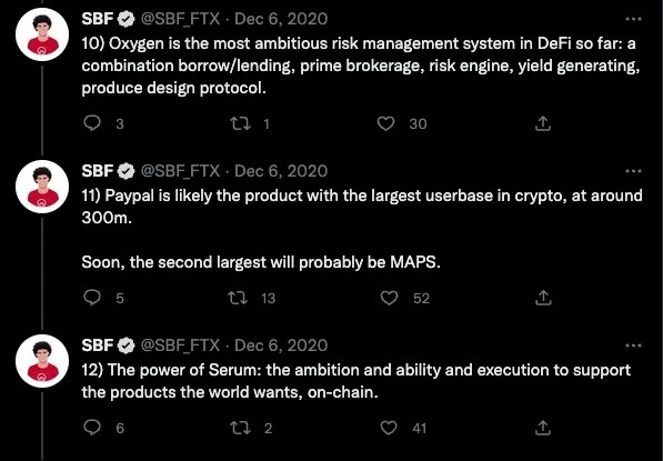 FTX และ Alameda ยังส่งเสริม "สินทรัพย์" OXY และ MAPS ในเชิงรุก ซึ่งทั้งสองอย่างนี้มีไดนามิกที่คล้ายคลึงกับ SRM ในแง่ของ FDV (Fully-Diluted Valuation คือ มูลค่าตลาดทั้งหมดที่บ่งชี้ว่ามีอุปทานเหรียญหมุนเวียนรวมเท่าไหร่) และการลอยตัวของกำไร/ขาดทุน พร้อมกับการเปิดตัวตลาดสปอตเฉพาะบน FTX เท่านั้น (ซึ่งเป็นเรื่องแปลก เมื่อเปรียบเทียบกับการทำงานปกติของ FTX) … ในภาพหน้าด้านล่างเป็นการโปรโมตทั้ง OXY, MAPS และ Serum โดย FTX ในช่วงปลายปี 2020 13