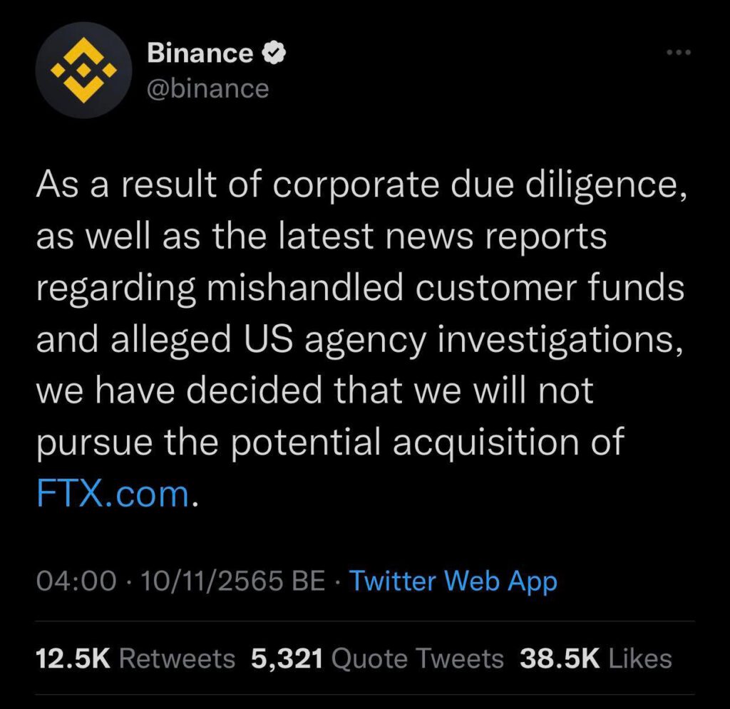 Binance ยกเลิกการเข้าซื้อกิจการ FTX ทวิตเตอร์