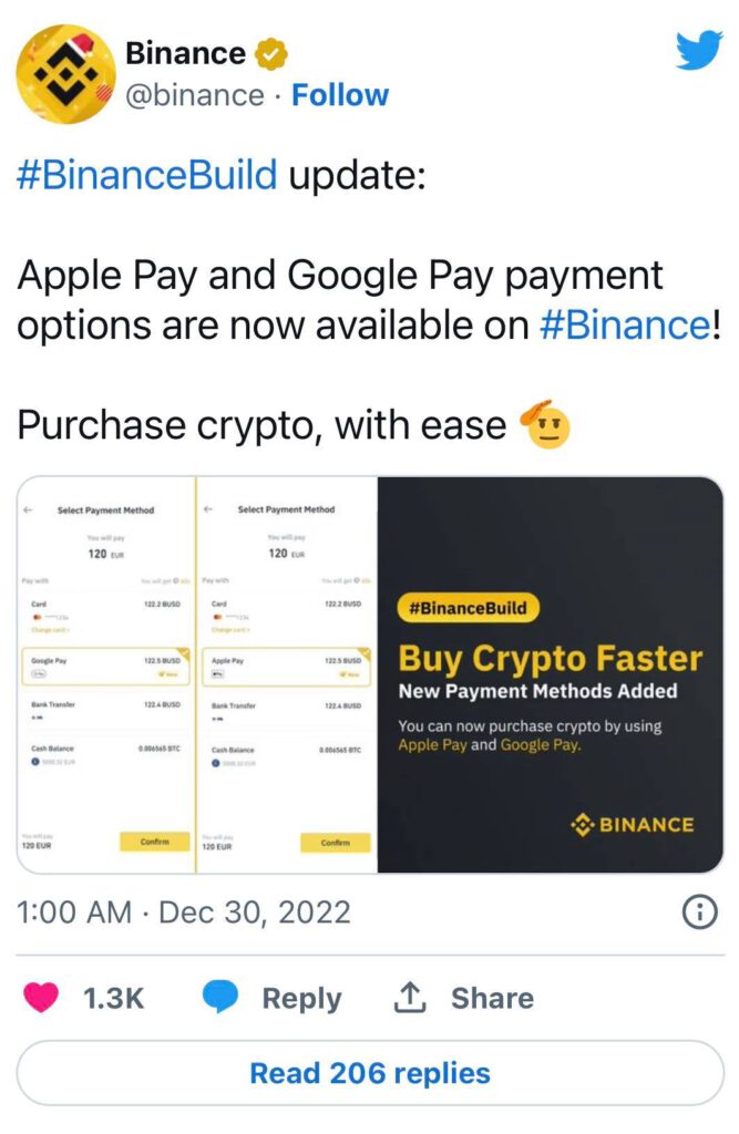 Binance ช่วยให้ลูกค้า ซื้อ Crypto ผ่าน Apple Pay และ Google Pay ได้แล้ว1