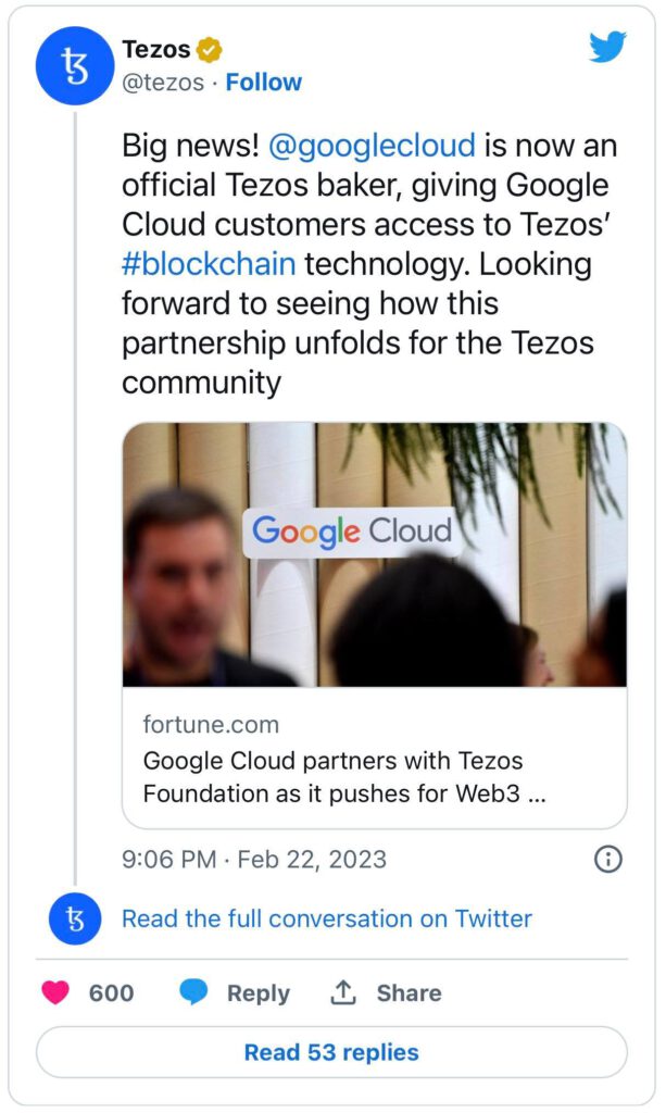 Google Cloud จับมือ Tezos พัฒนาเทคโนโลยี Web3 twitter