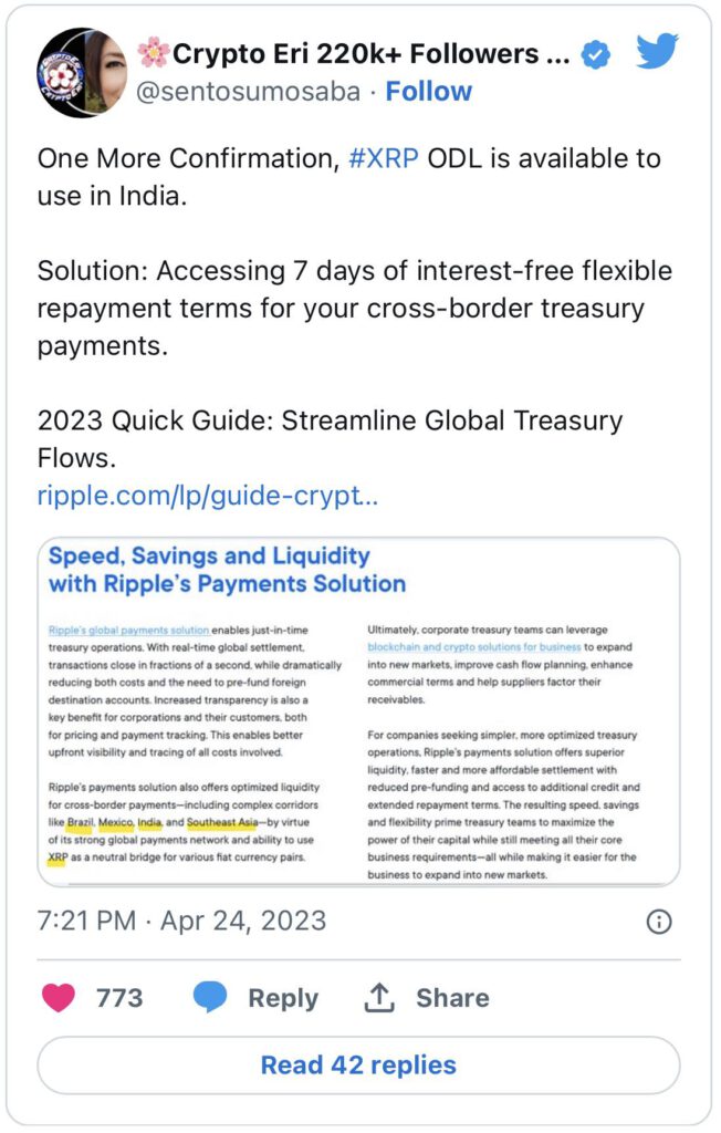 Ripple ยืนยันว่าการชำระเงินด้วย XRP Ripple’s On Demand Liquidity Solution (ODL) นั้นใช้งานได้จริงในอินเดีย1