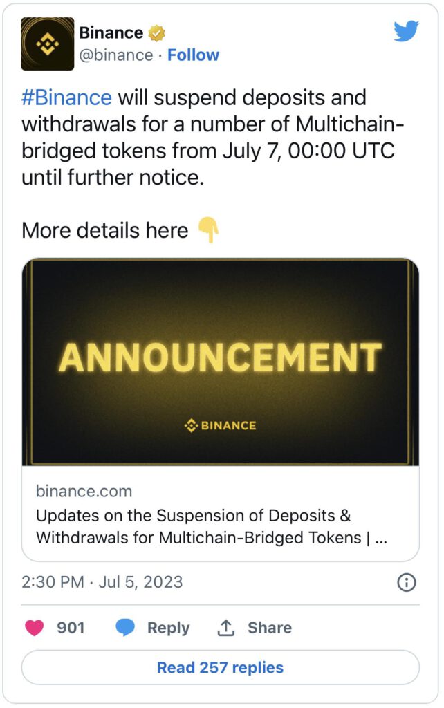 Binance หยุดรองรับการฝากและถอนโทเค็นที่ต้องทำผ่าน Multichain-bridged หลายรายการ1